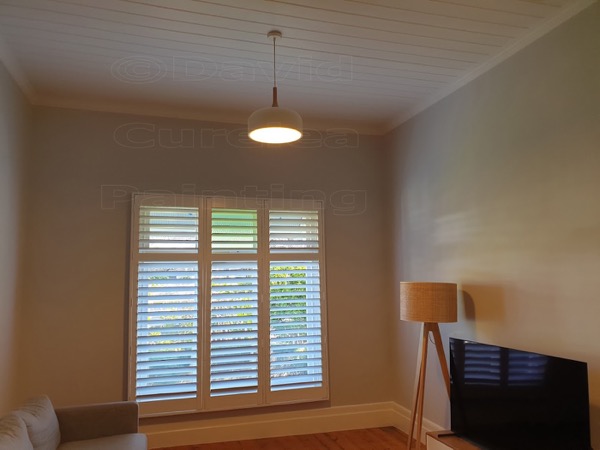 A room with painted walls, ceiling and window shutters