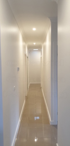 A hallway with painted walls, ceiling and cornices
