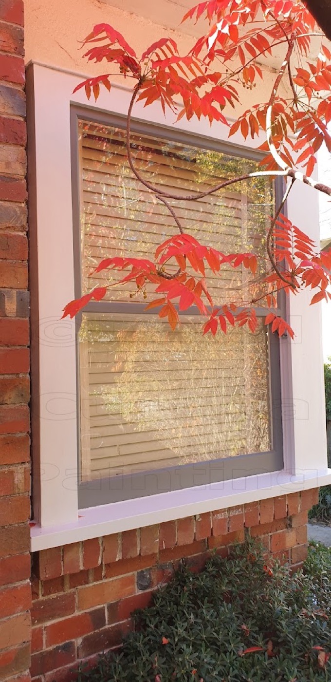 A window with painted frames in a brick wall, with autumn leaves in front